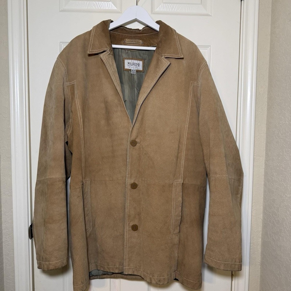 Vintage Wilsons Leather Suede Jacket Men's XLT Camel Tan Button Up Over Coat